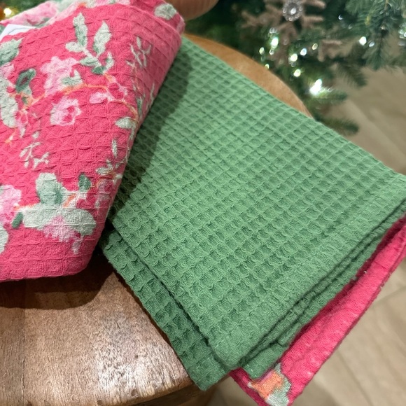 April Cornell spring floral kitchen towels 3 pack green pink cottage rose - Picture 2 of 8